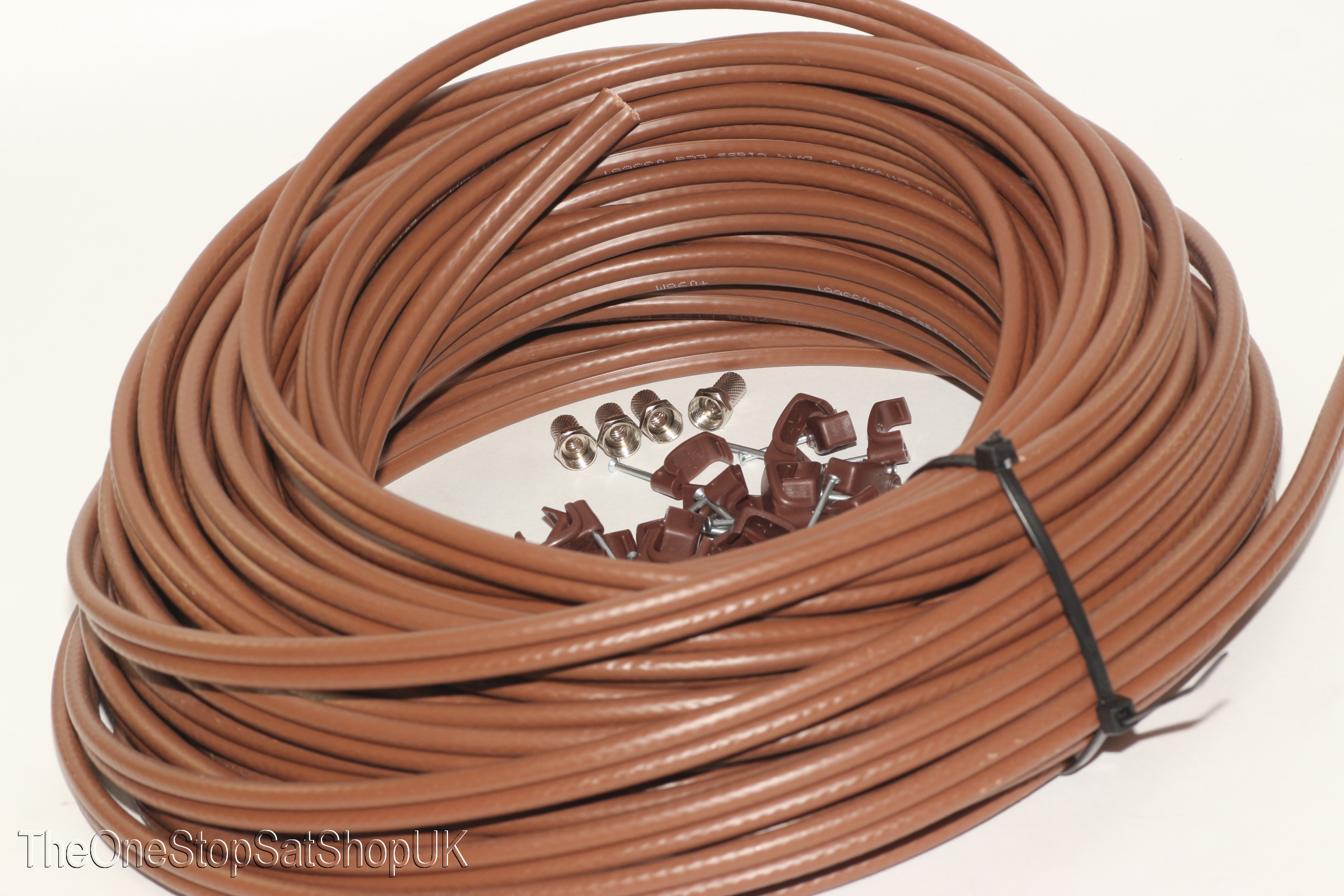 30m of Brown ro WF100 Twin Satellite Cable With 4 x F Plugs, Free